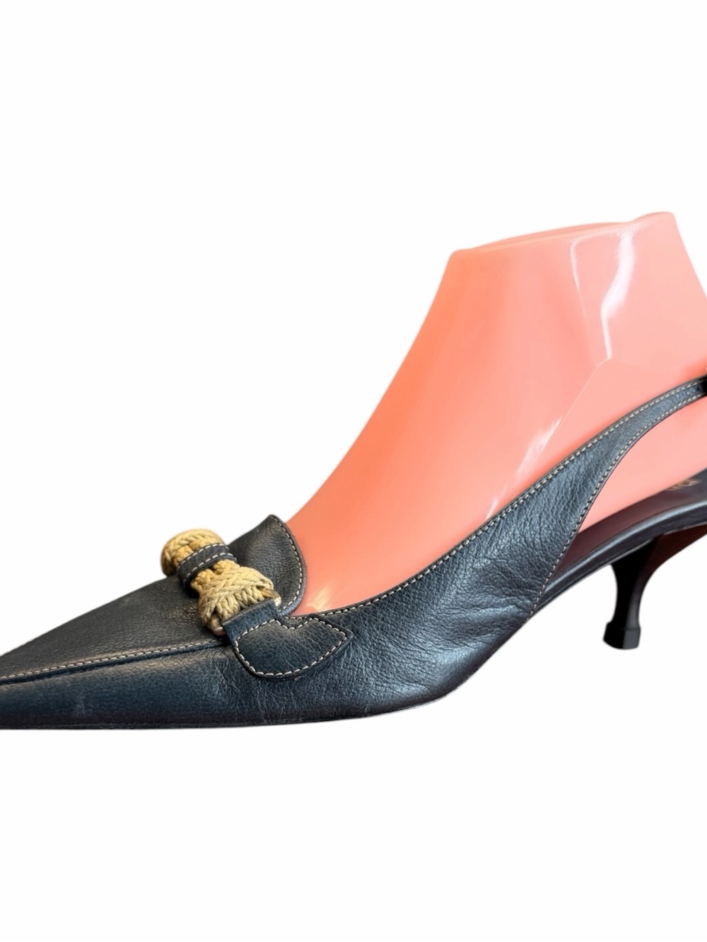 Prada Black Leather Pointed Kitten Heel Pumps with Rope Knot Slingback